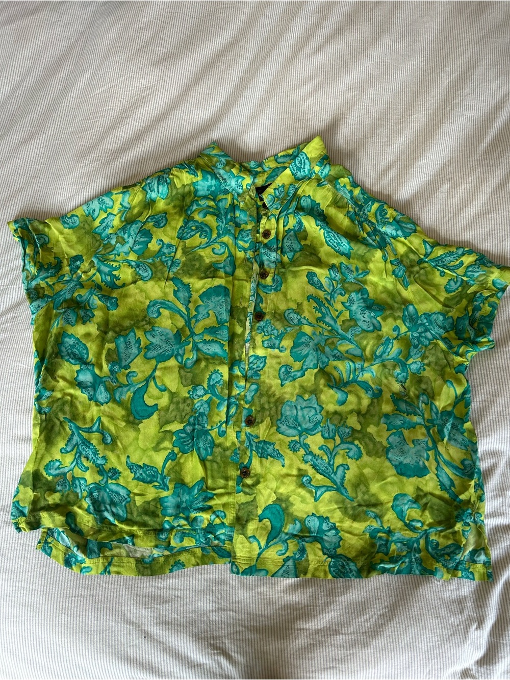 Vintage Carole Little Lime Green & Teal Floral Button-Front Top